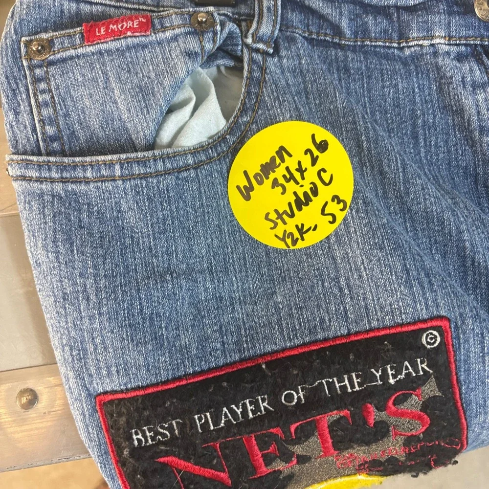 Le More Womens 34x 26 Y2K Basketball Patch Flare Jeans Blue Denim Size 13